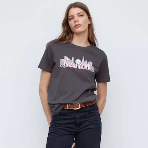Mango New York Graphic Gray and Pink T-Shirt Top - Picture 1 of 4